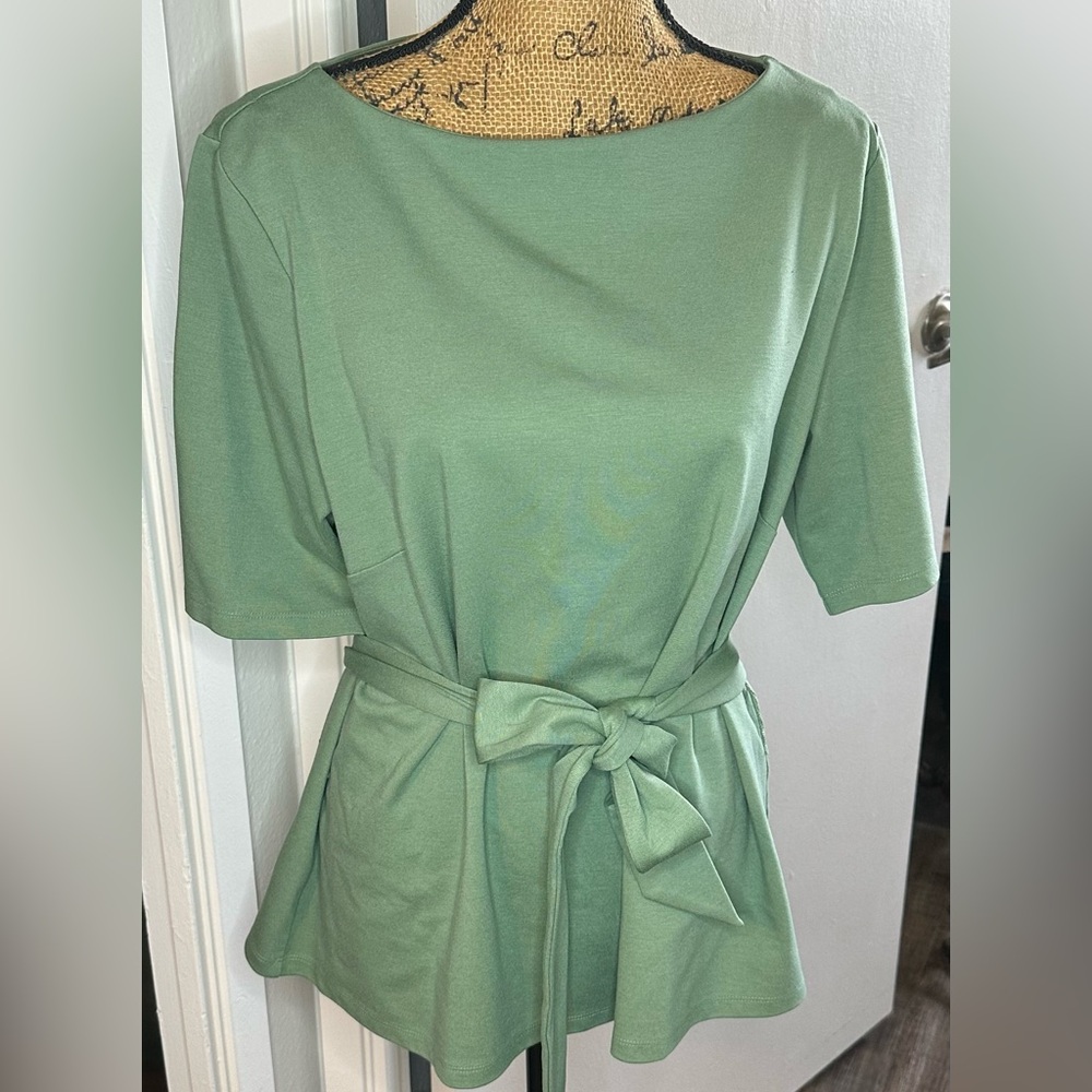 Ann Taylor Sage Green Short Sleeve Top with Tie